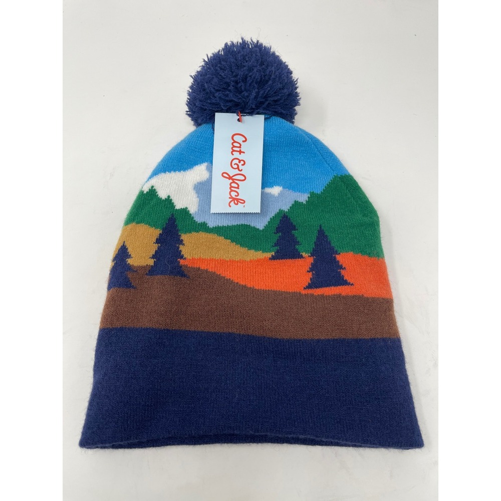 Cat & Jack Beanie Kids OSFM Blue New Mountain Landscape Pom Pom Knit‎ Hat